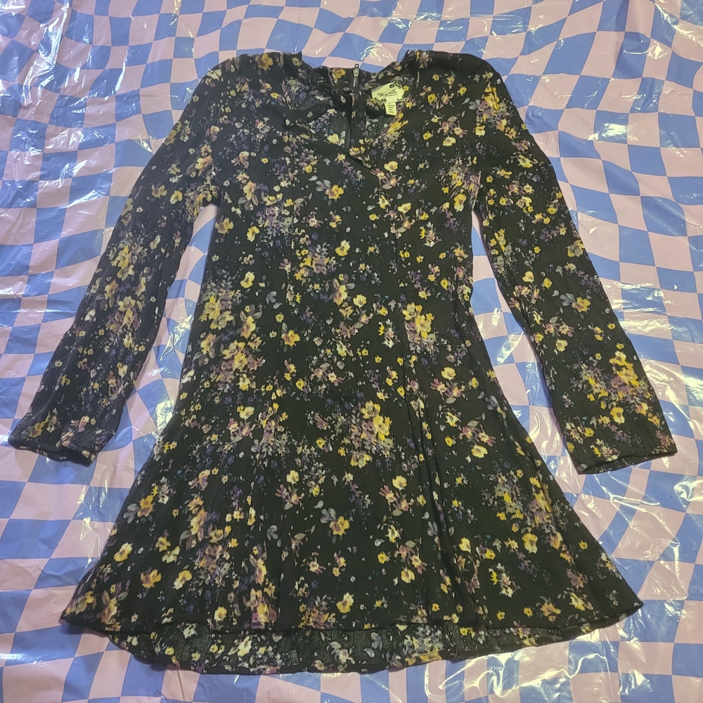 Way-In Clothing Co. Long Sleeve Floral Whimsigoth Dress in Black and Yellow